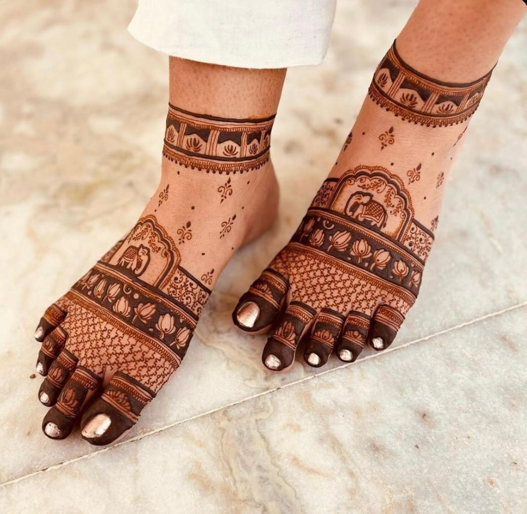 Elegant traditional mehndi footwork for Assam wedding